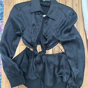 Zara Black Long Sleeve Tie Front Button Down Shirt